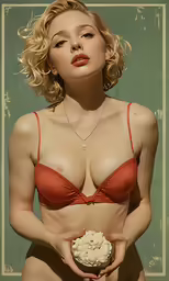 an attractive blonde woman in a bikini with a dessert