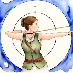 drawing of a woman aiming an arrow and wearing a tank top,there is a woman with a gun in her hand