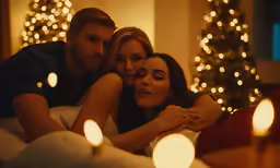 a man and woman are hugging while in front of candles