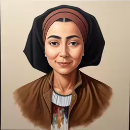 an oil portrait of a woman with a scarf on