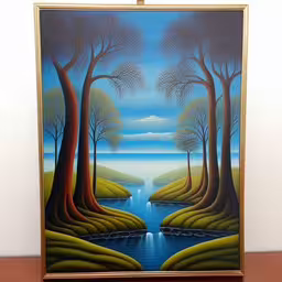 a painting of an image of trees and a stream,a large painting hanging up against a wall,a painting hanging on the wall next to a shelf,a painting that is on display on a wooden table,a painting on display on the wall in the room