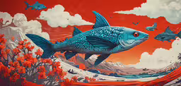 there is a painting with fish in it,painting of an animal being chased by other animals