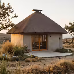 a round building with a roof with an open door