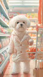 small white dog wearing winter coat in a grocery store,white dog wearing coat and shopping cart standing in a grocery store