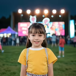 a young girl is posing for a photo in a field