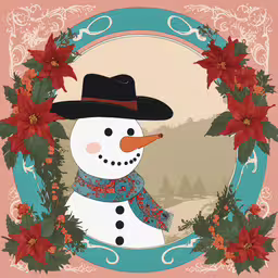 a snowman wearing a hat and scarf in a round frame,a snowman wearing a hat and scarf next to a wreath
