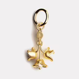 gold toned key ring with little dog,a gold colored charm with flowers on it
