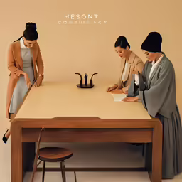 three women sitting at a table with a tea set