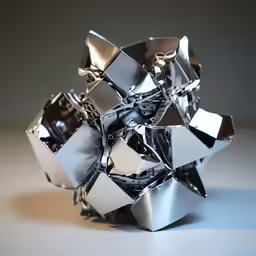 many silver objects are stacked together on the table