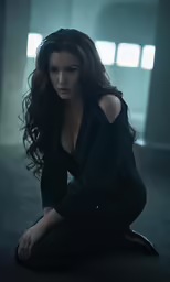 the woman is posing in a black outfit
