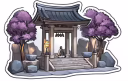 a sticker with a person sitting on top of a bench next to trees and rocks