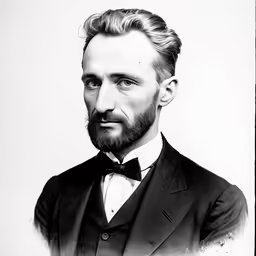 black and white photo of man in suit and bow tie