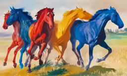 four horses are running in a row in a field