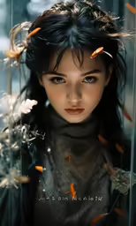 a woman with long hair and feathers all around her