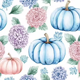 watercolor blue pumpkins and flowers
