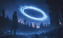 a woman with a blue dress looking at the night sky