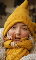 a woman wearing a yellow blanket smiles at the camera