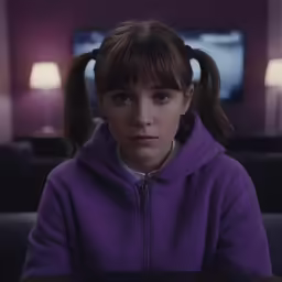 a girl with two ponytails on her head in a purple jacket