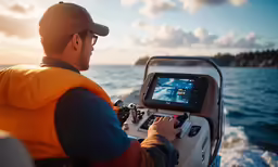 the man is riding on a boat watching something