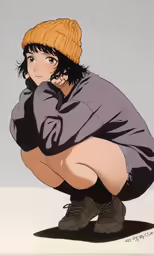 a drawing of a woman in boots kneeling on a ground