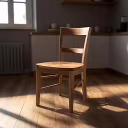 a wooden chair with the sun shining through the window