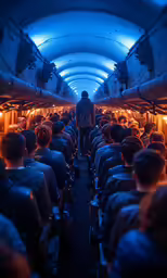 this is a photo taken in the airplane as a man is seen walking through the aisle