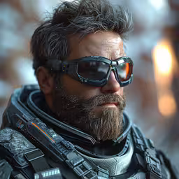 an image of the soldier looking at something on the ground,the man with glasses has long hair