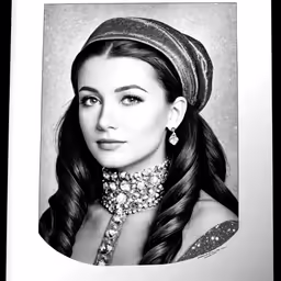 a black and white portrait of a woman wearing a turban hat