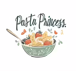 a bowl full of pasta and strawberries that says passu princess