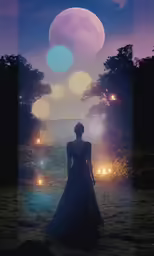 a woman in a long dress standing in front of a night scene with the moon