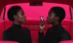 two women sitting inside of a car looking at their phones
