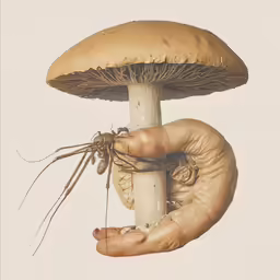 a mushroom with two hands holding it