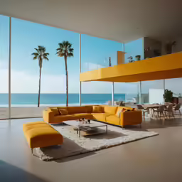 there is a living room with an orange sofa on the table