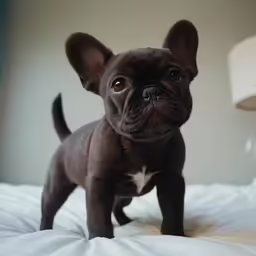 a brown puppy standing on top of a white bed