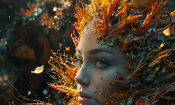 a close up image of a young woman with leaves on her head
