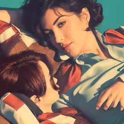 a woman lying next to a man in a bed