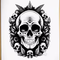 a skull with roses and leaves on it