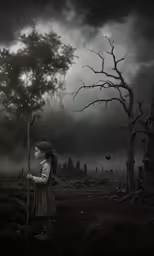 a little girl holding a stick standing on top of a forest