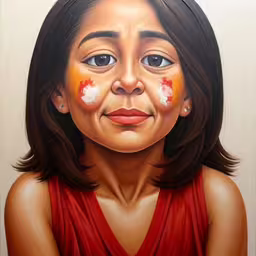 a painting of a young girl with painted circles on her face,a woman with a painted head looks down,a painting of a woman painted on the side,a picture of a woman with paint on her face,an oil painting of a woman in red holding out a heart