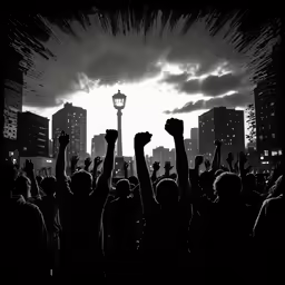 crowd in urban setting holding hands up at night