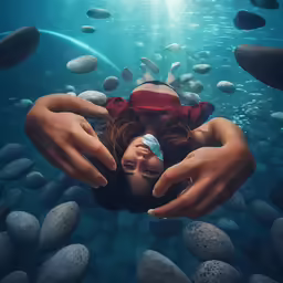 an underwater portrait shows two people swimming and one has her head under her hands