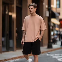 a man wearing black shorts and a pink t - shirt on the street