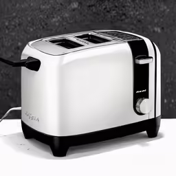 black and white photo of toaster with handle on white table