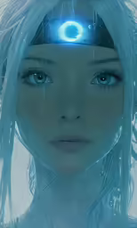 an animation style of a young girl with long hair and light blue eyes