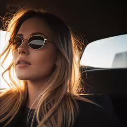 a woman wearing round sunglasses and sitting in the back seat
