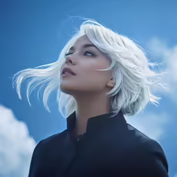 a young lady with white hair standing in front of a cloudy sky