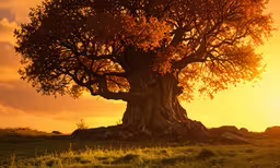 a big tree stands in the middle of a field,a large tree sitting on top of a lush green field