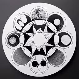 a picture of a white circle with some black dots