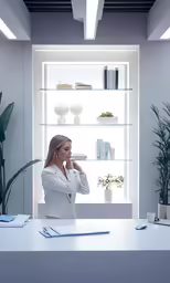 a woman in a white jacket sitting at a desk
