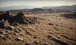 a photo of a plain with rocks in the middle